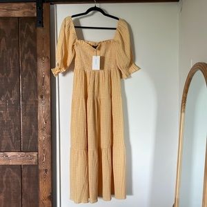 O.p.t gingham puff sleeve smocked tier midi dress